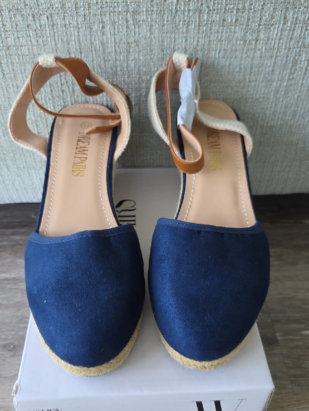 Navy Espadrille Wedge Sandals with Tan Ankle Strap